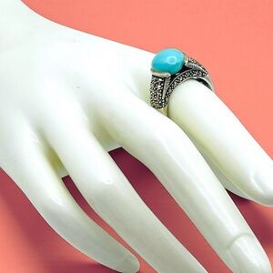 Fabulous Sterling Silver Genuine Turquoise and Marcasites Cathedral Setting Ring